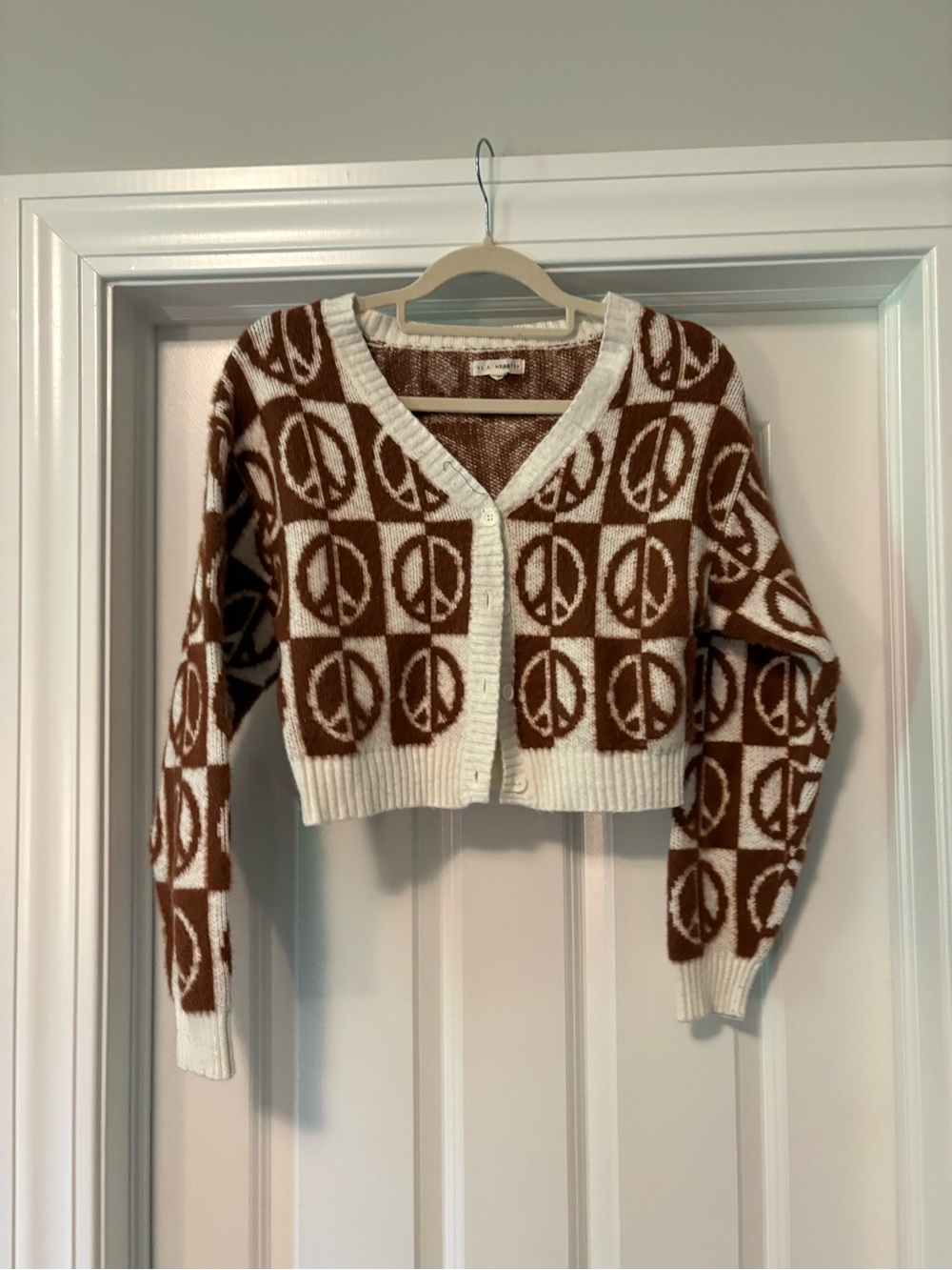 La Hearts Brown & Cream Peace Sign Cropped Cardigan